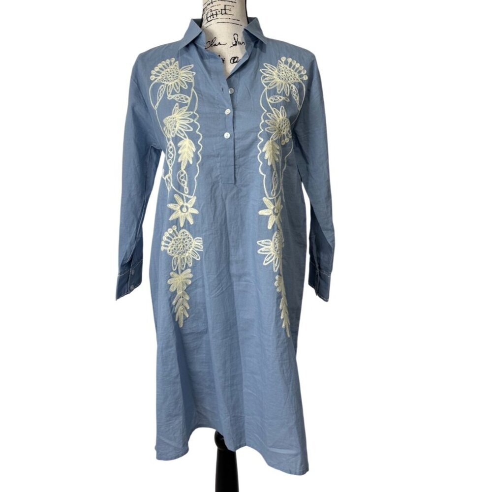 Debbie Katz South Beach Womens Shirt Dress Blue Cotton Embroidered Floral Size S